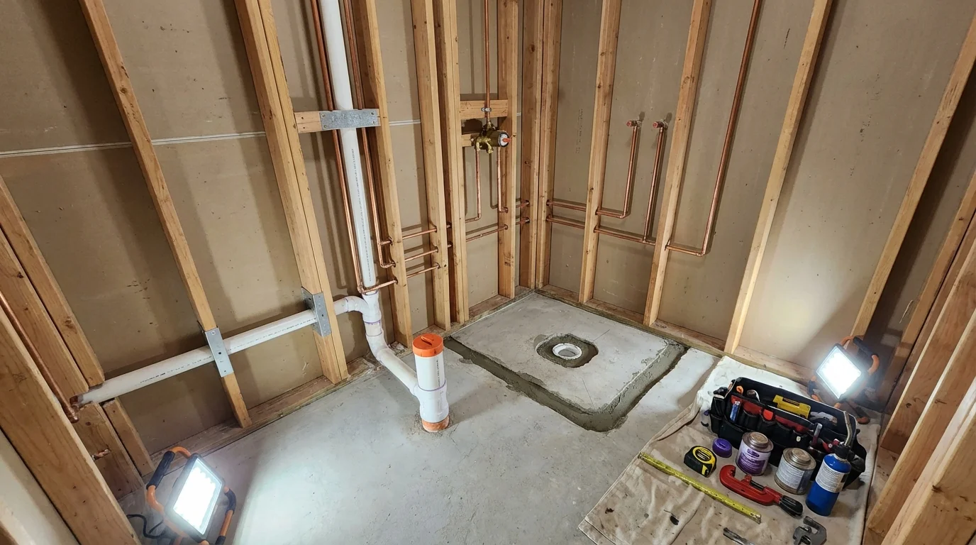 Bathroom rough-in plumbing during remodel by Johns Plumbing LLC in Thomas