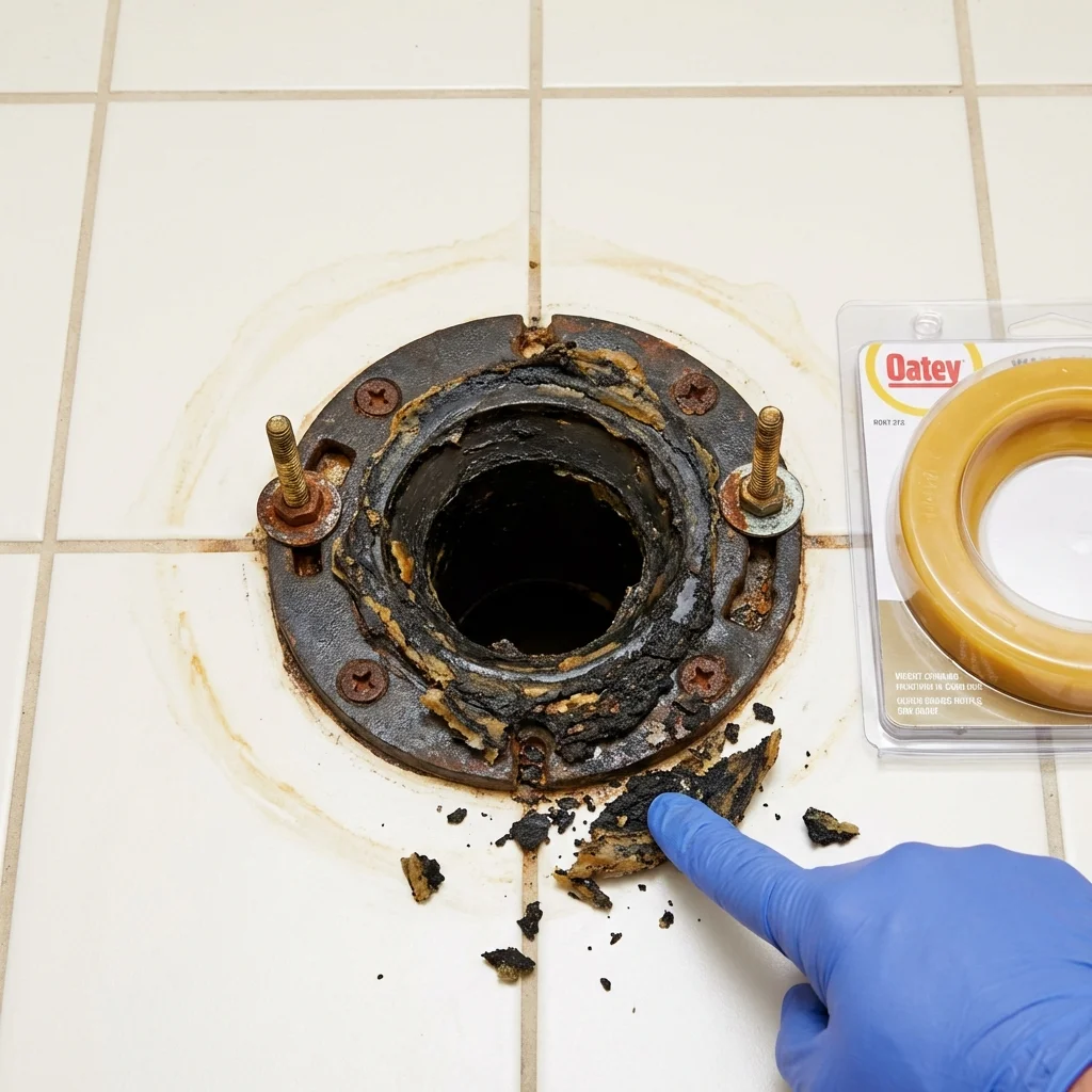 Failed wax ring showing water seepage at the base of a toilet in a Thomas, OK home